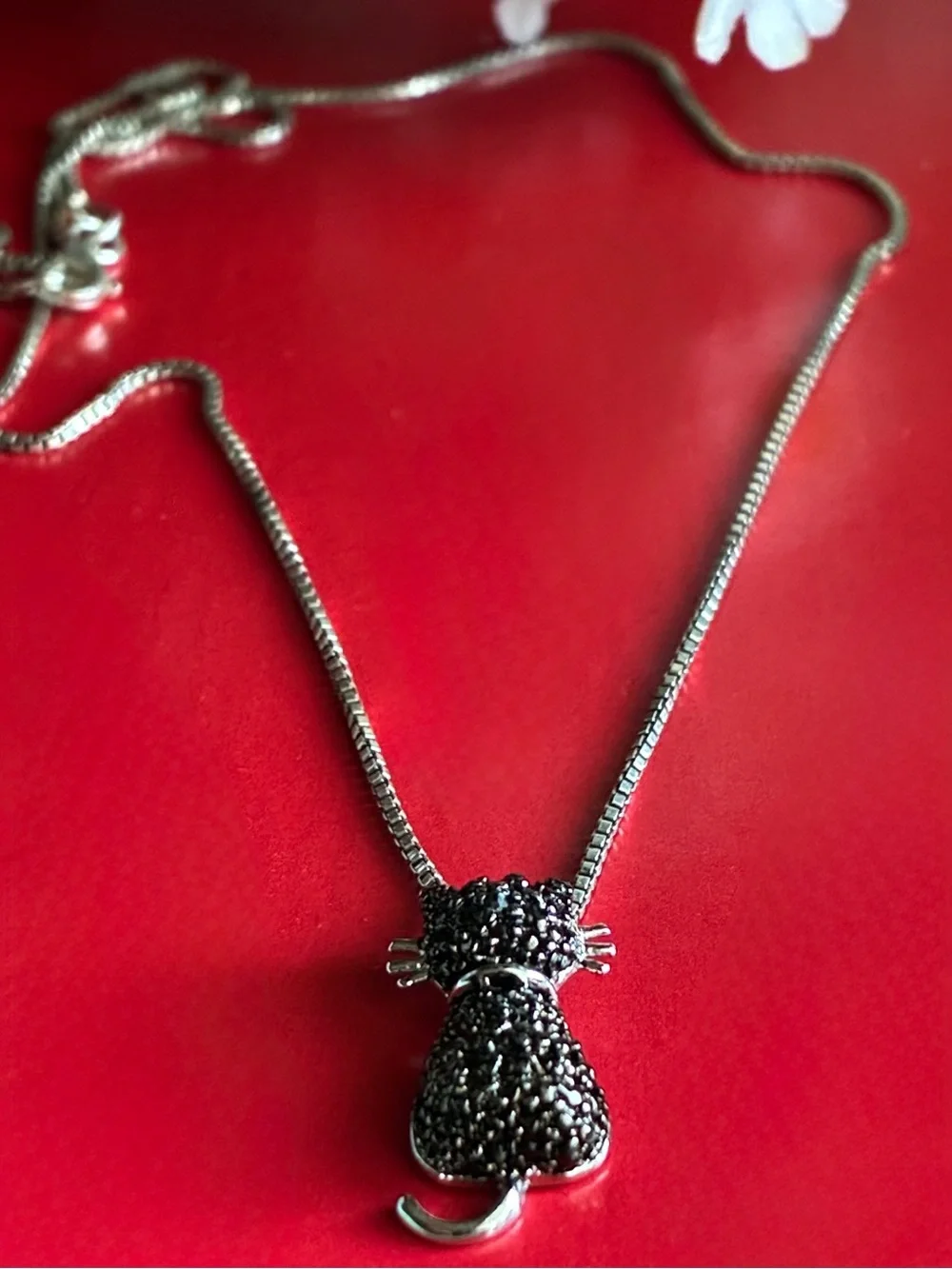 925 Silver Necklace,Black Crystal Cat Pendant Necklace - Women's Jewelry 17”